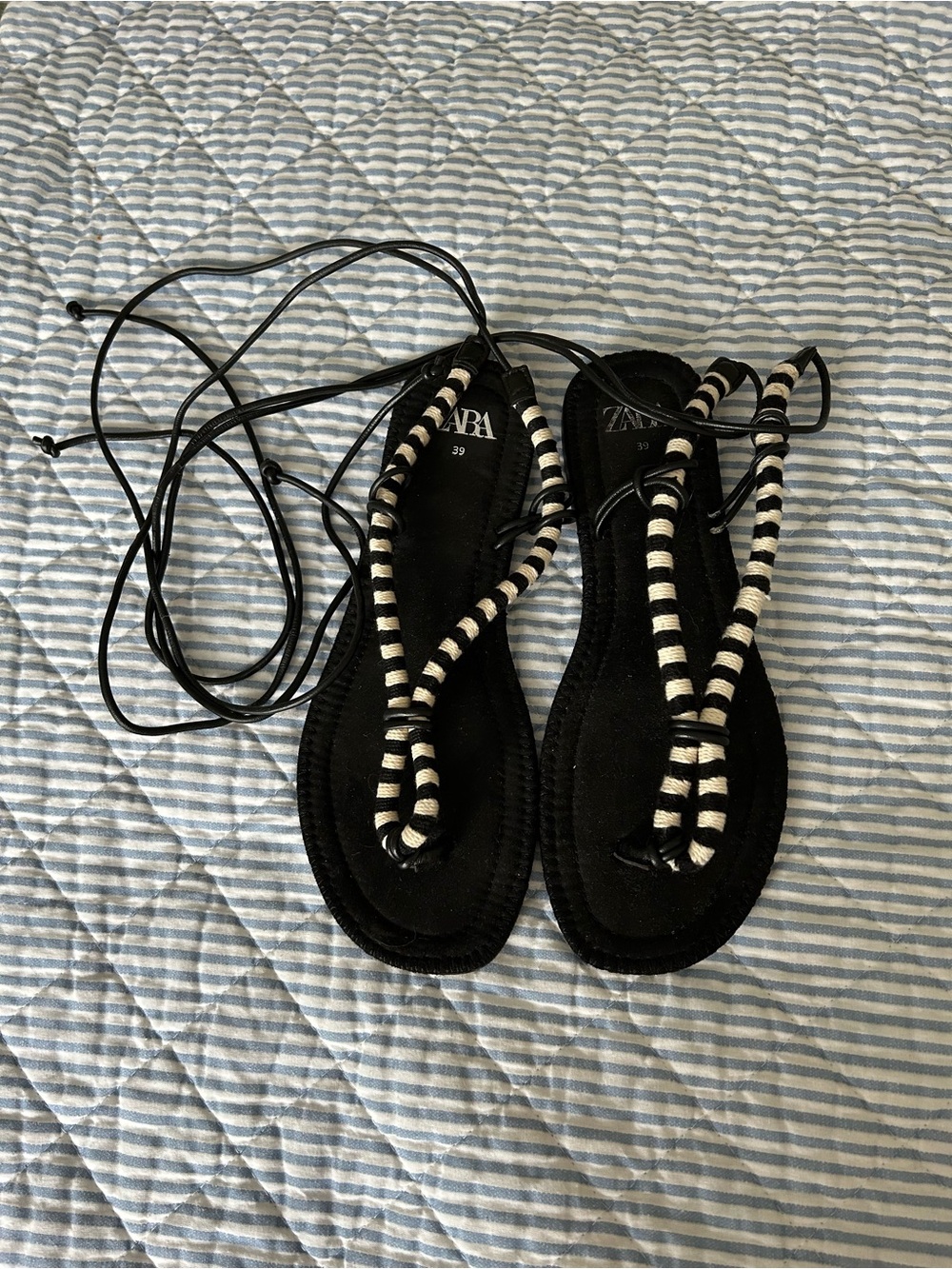 Zara Black Lace-Up Sandals with Black & White Striped Rope